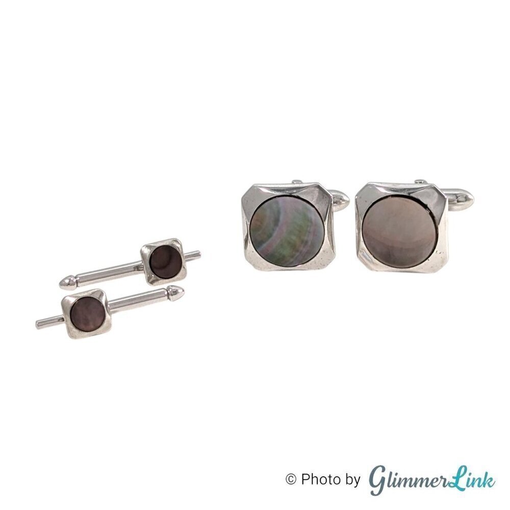 Vintage Swank Abalone Shell Art Deco Style Geometric Silver Tone Cufflink Set
